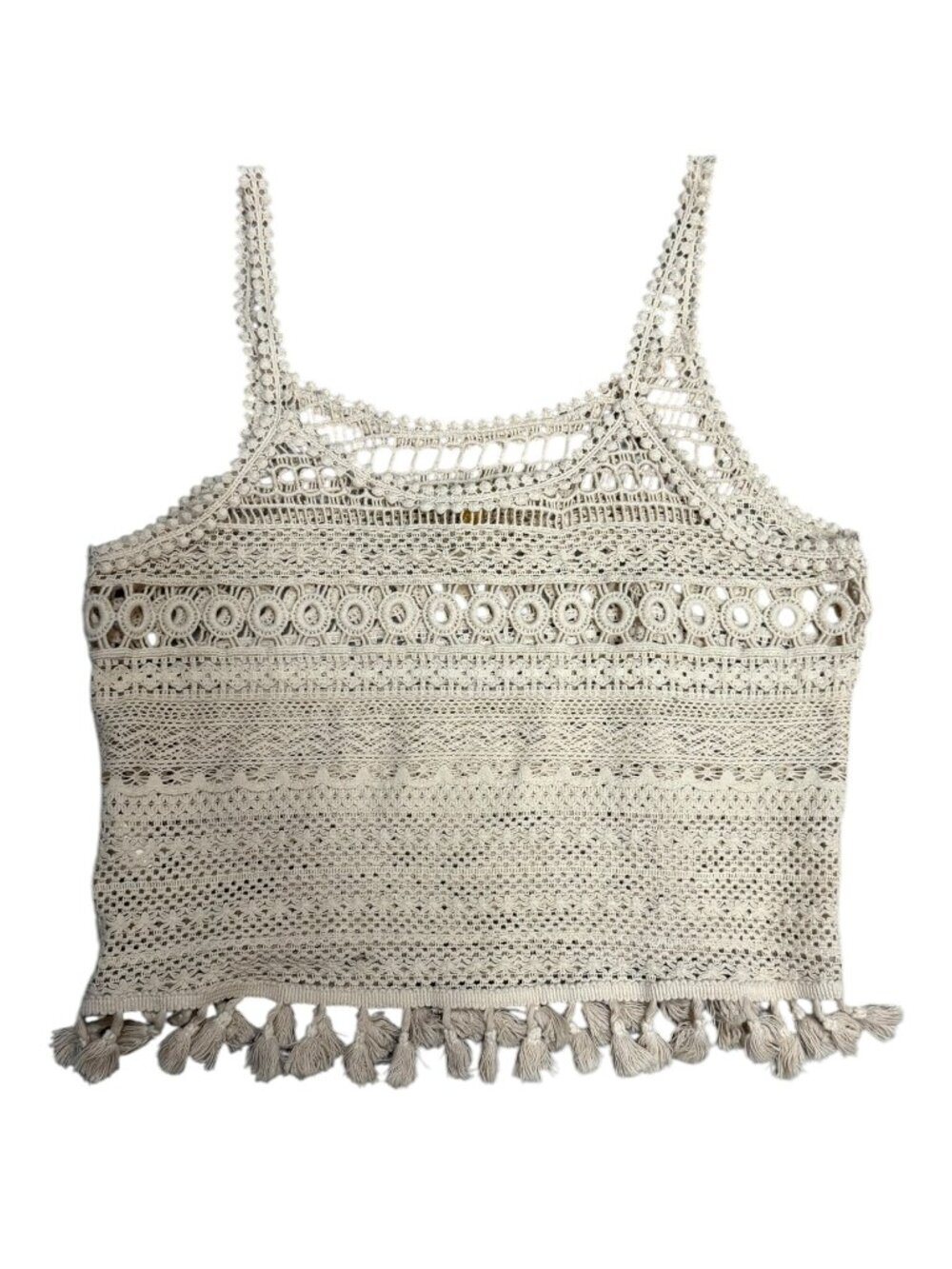 EUC Ramy Brook Beige Crochet Tassel Tank Top S Cotton Boho Festival